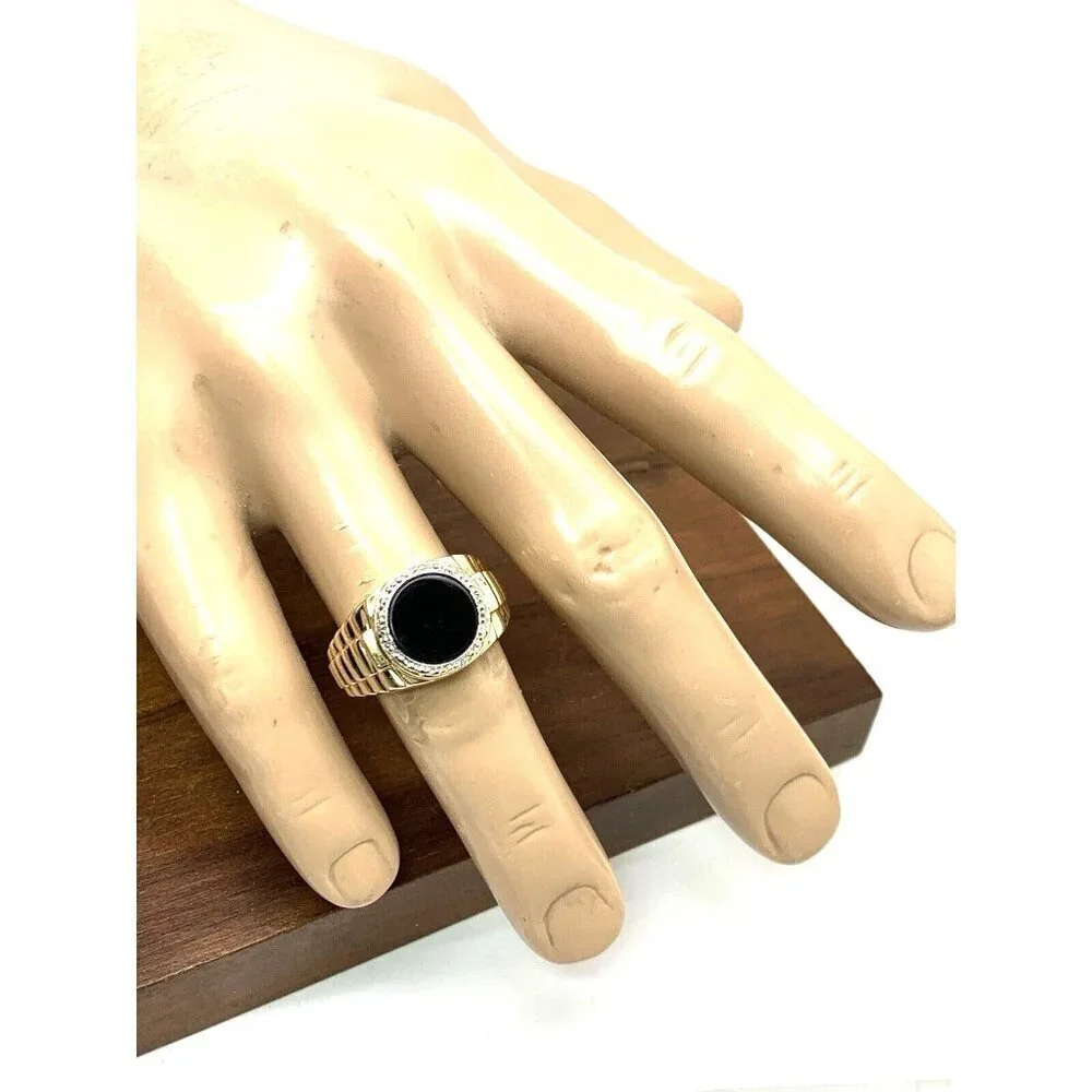 Rolex Style Ring 10k Yellow Gold Diamond Onyx Statement Cocktail Men's S…